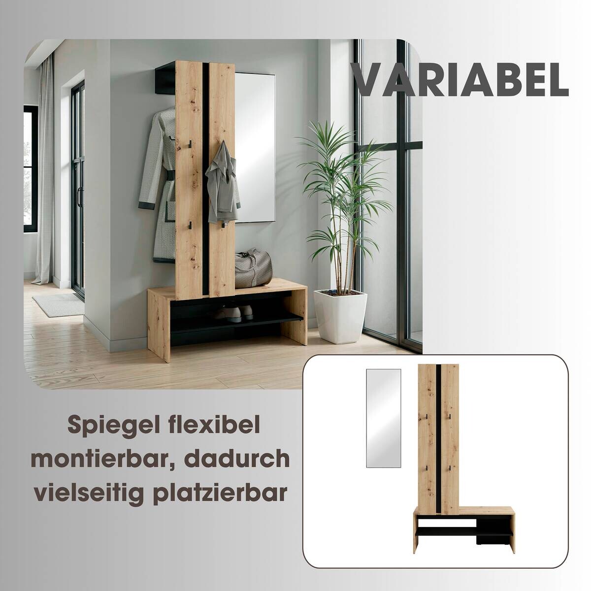 Garderobenset NANTE Eiche schwarz B/H/T: ca. 100x186x40 cm