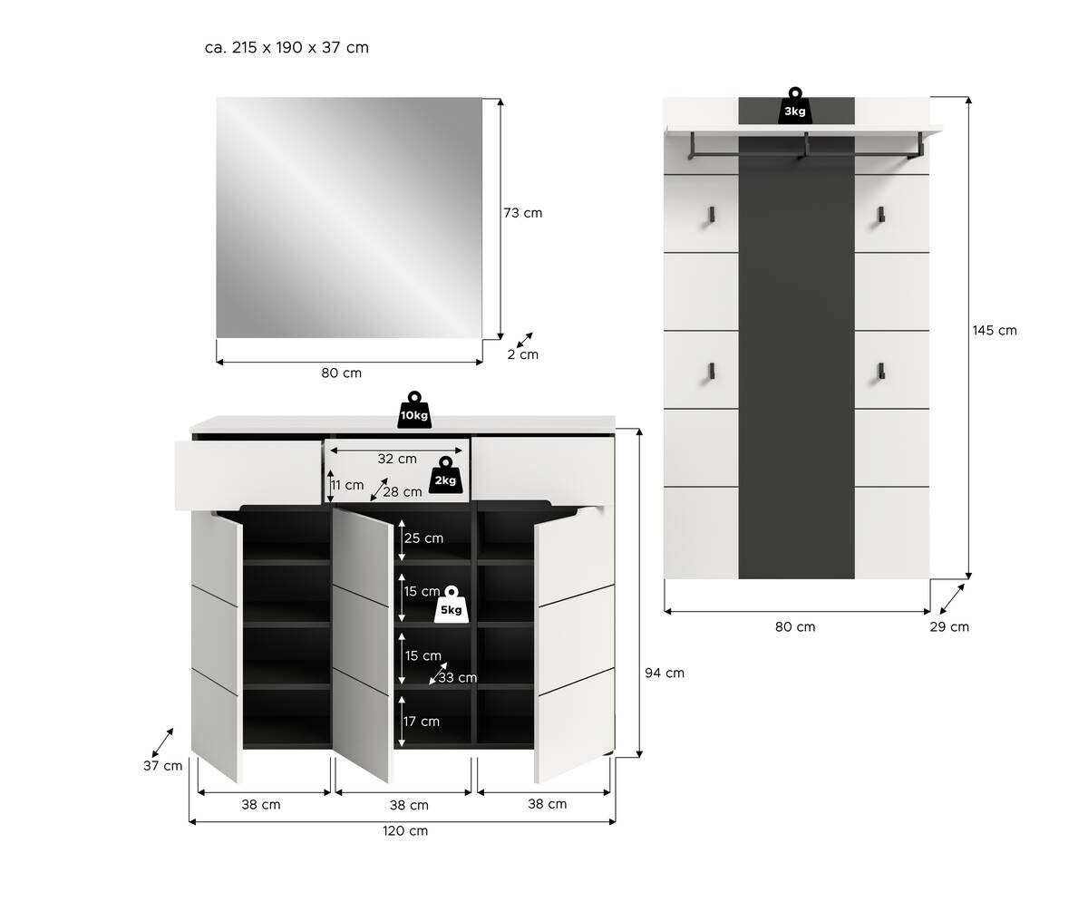 Garderobe Canu basaltgrau Nachbildung weiß B/H/T: ca. 215x190x37 cm
