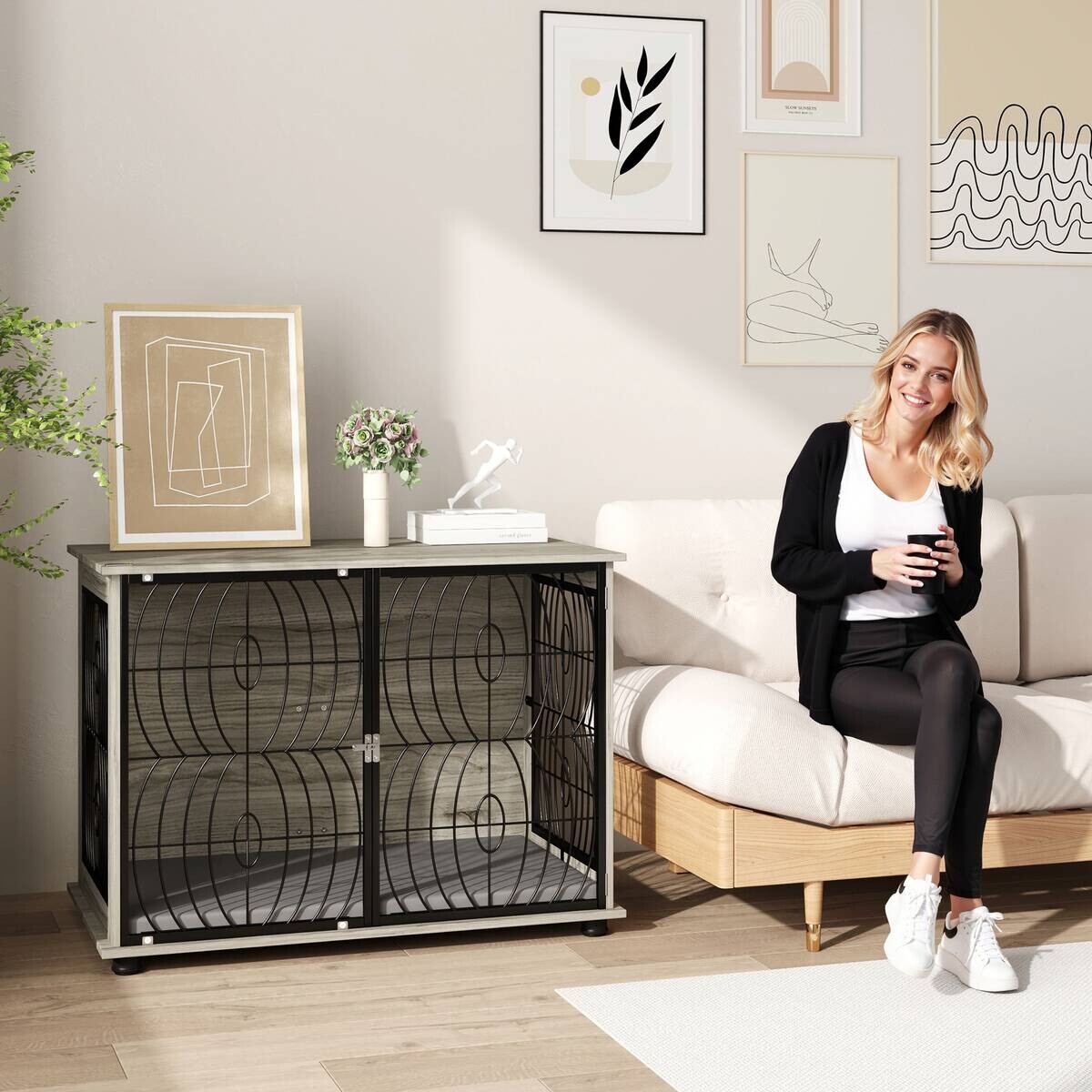 PawHut Hundekäfig grau Spanplatte B/H/L: ca. 60x73,5x100 cm