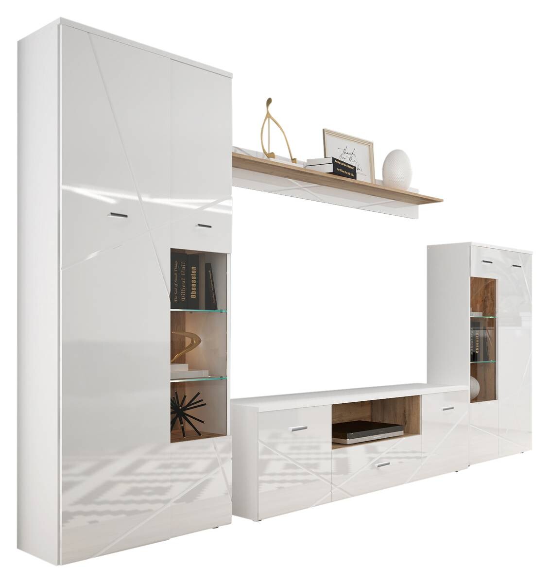 Wohnwand Storm weiß weiß Hochglanz Wildeiche Nachbildung B/H/T: ca. 340x196x40 cm