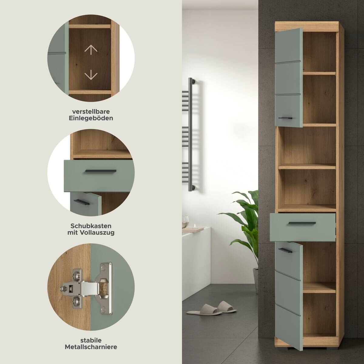 Badhochschrank Scout Eiche Artisan Nachbildung salbei Nachbildung B/H/T: ca. 37x191x31 cm