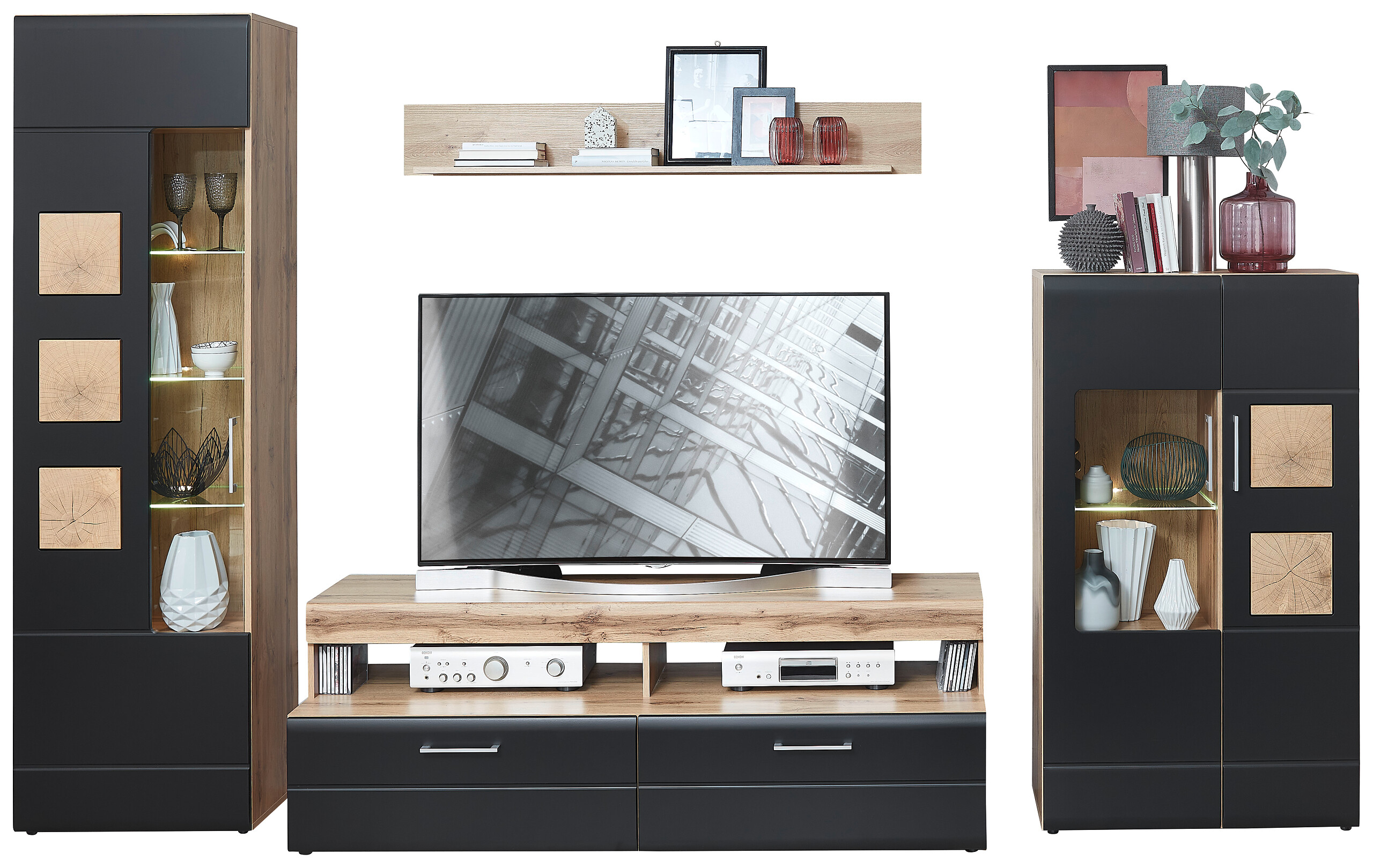 Wohnwand Sonate Eiche Nachbildung schwarz matt B/H/T: ca. 340x208x52 cm Wohnwand Sonate Eiche Nachbildung schwarz matt B/H/T: ca. 340x208x52 cm