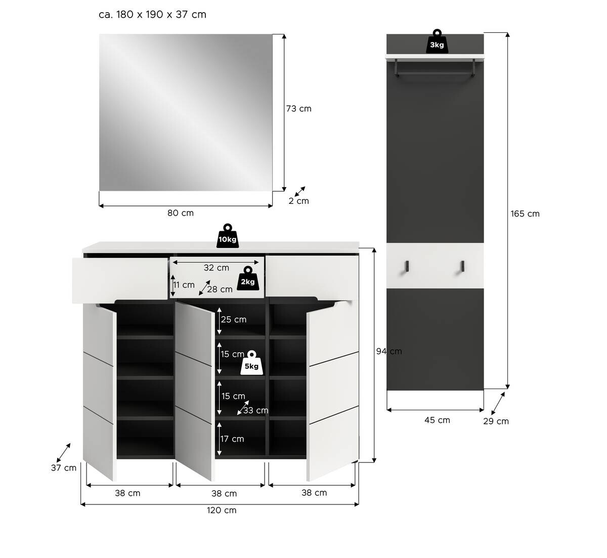 Garderobe Canu basaltgrau Nachbildung weiß B/H/T: ca. 180x190x37 cm