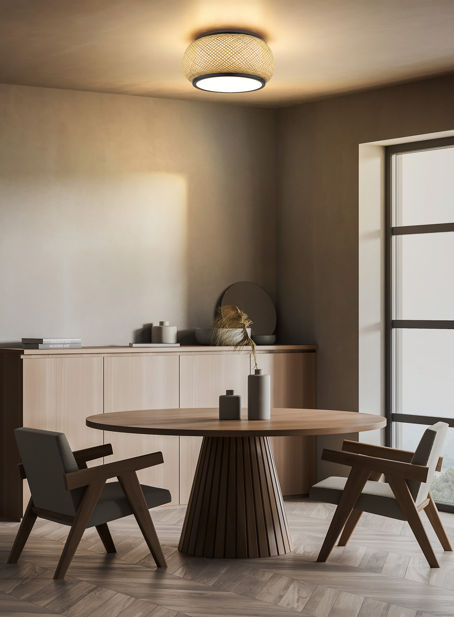 GLOBO Deckenleuchte mattschwarz natur Metall Bambus H/D: ca. 19,2x38 cm 1 Brennstellen