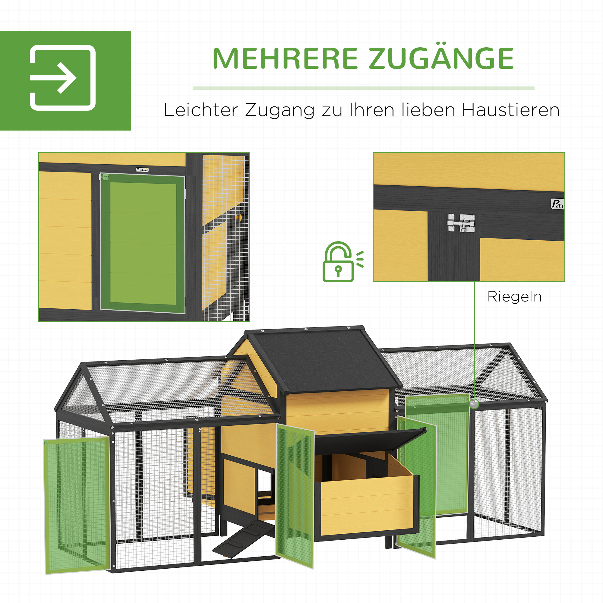 PawHut Hühnerstall gelb Holz B/H/L: ca. 125x113,5x247 cm