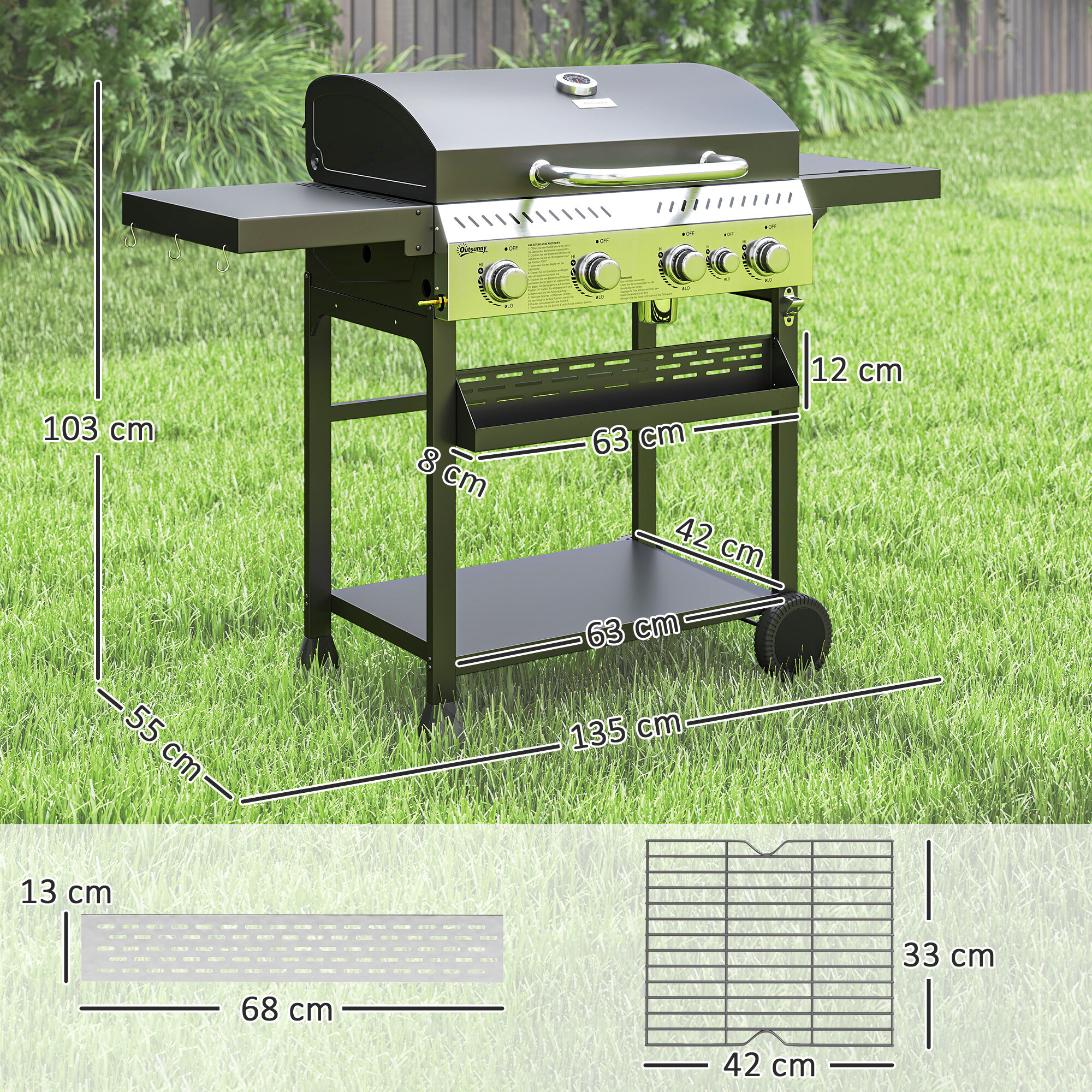 Outsunny Gasgrill Edelstahl B/H/L: ca. 55x103x135 cm