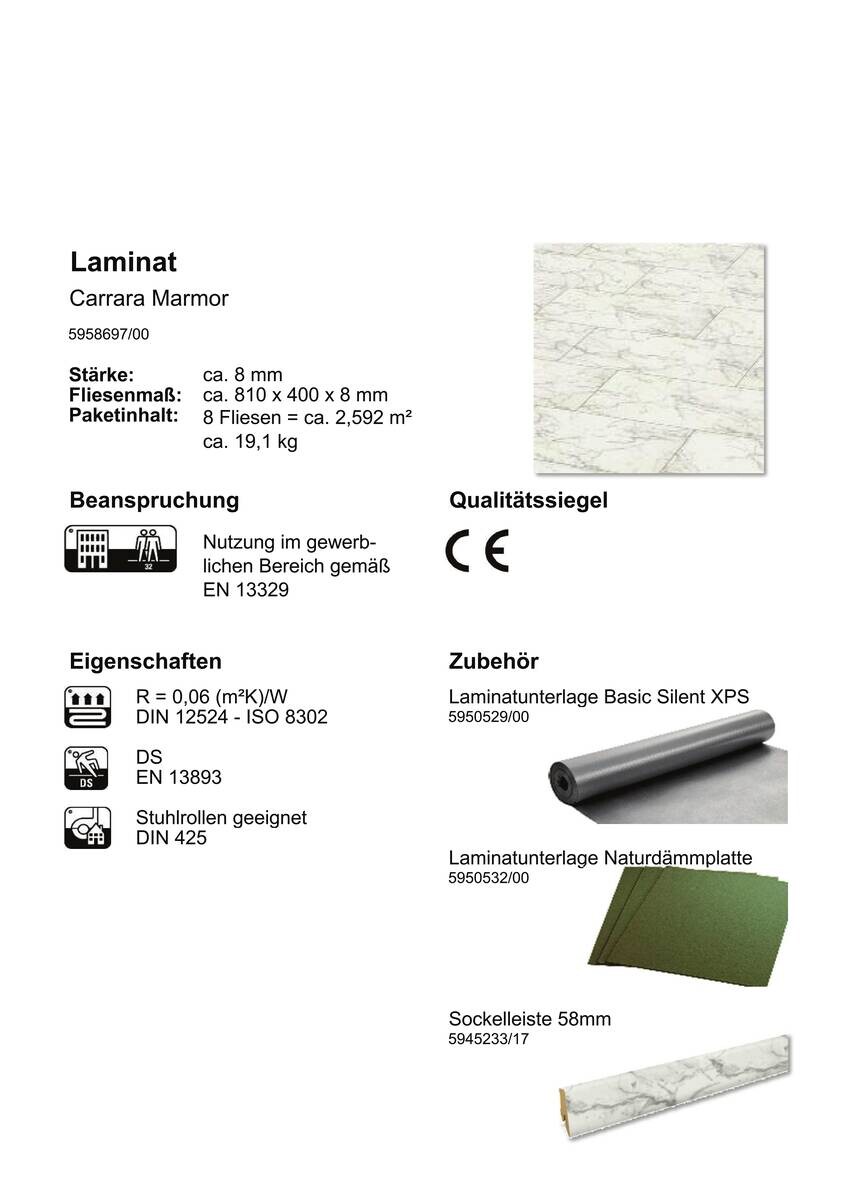 Jangal Laminatboden Carrara Marmor ca.2,592 m² im Paket  B/L: ca. 40x81 cm pro Paket