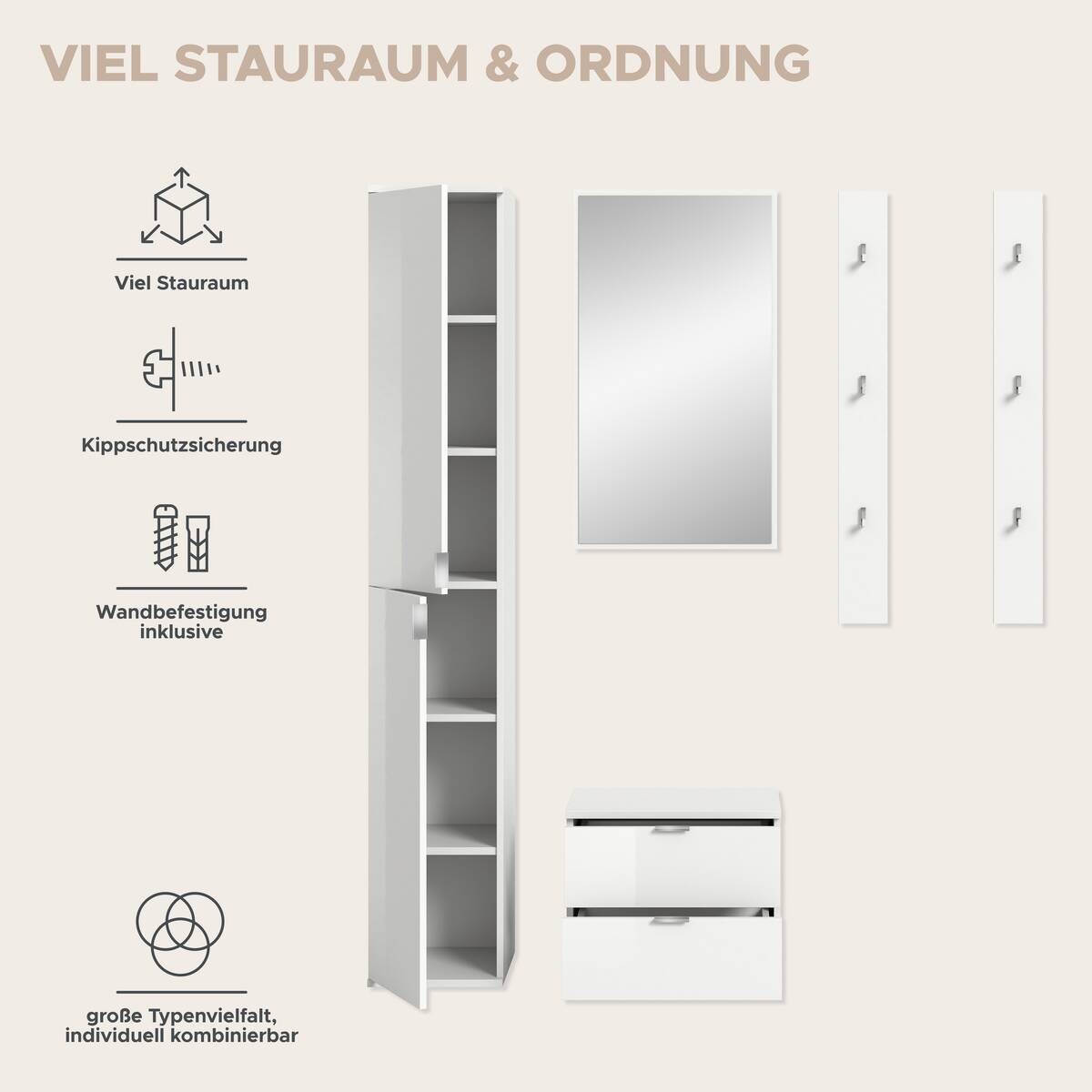 Garderobe PROJEKT X weiß weiß Hochglanz B/H/T: ca. 148x191x37 cm