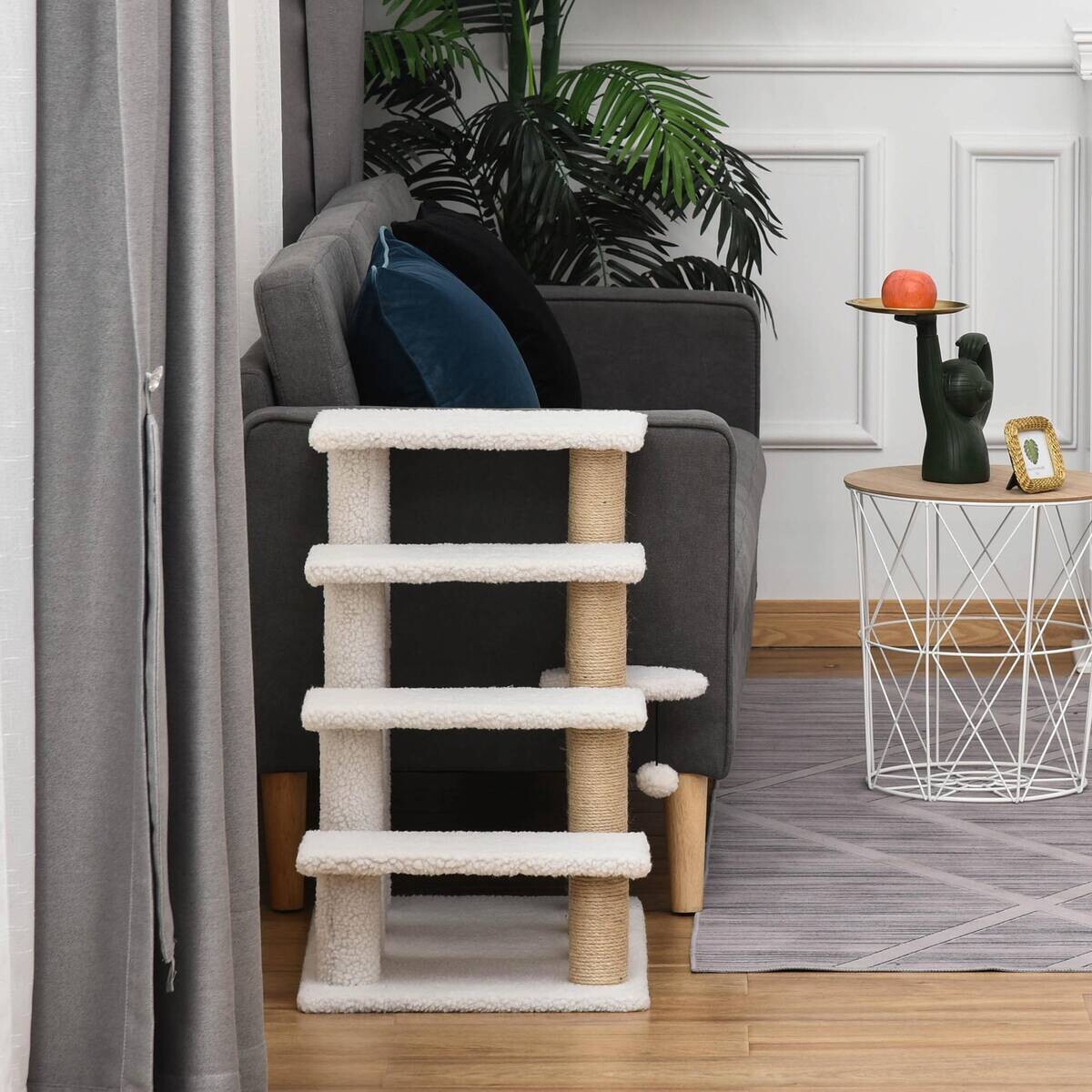 PawHut Haustiertreppe m. Kratzbaum Ball weiß Spanplatte B/H/L: ca. 40x60x64 cm