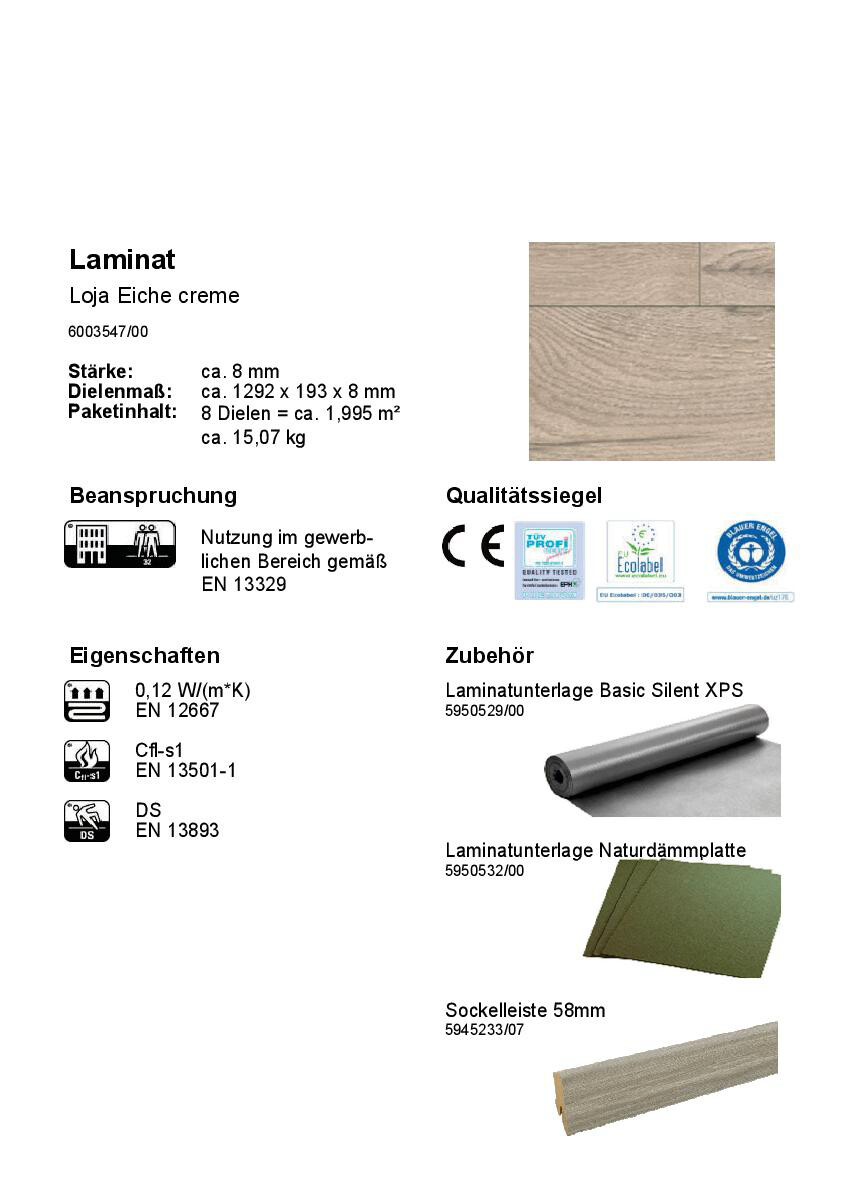 Laminatboden Loja ca. 1,9952m² im Paket  B/L: ca. 129,2x19,3 cm pro Paket