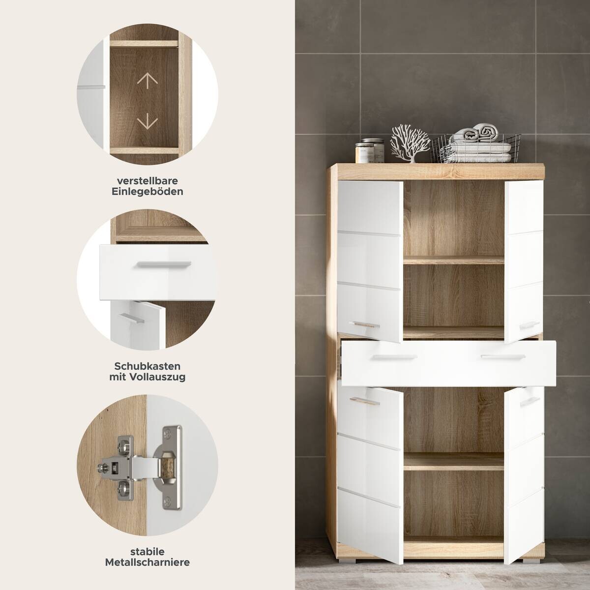 Midischrank Lambada Eiche Sonoma Nachbildung weiß Hochglanz B/H/T: ca. 74x141x31 cm