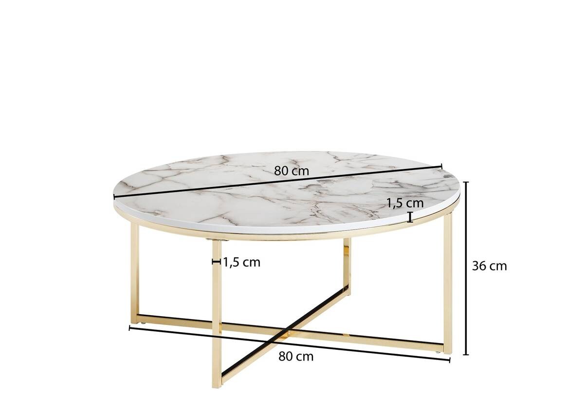 Wohnling Couchtisch weiß Marmor gold MDF Stahl B/H/T: ca. 80x35x80 cm