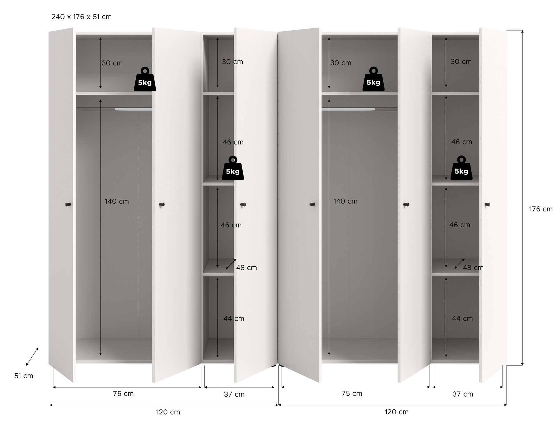 Kleiderschrank DARWIN weiß B/H/T: ca. 240x176x51 cm