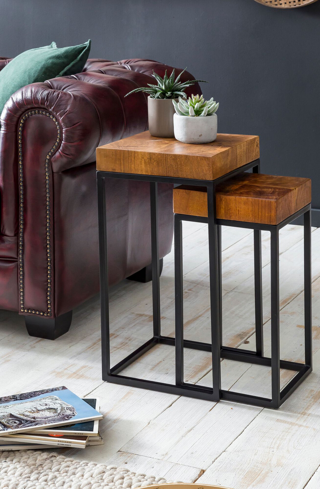 Beistelltisch 2er-Set natur schwarz lackiert Echtholz Eisen