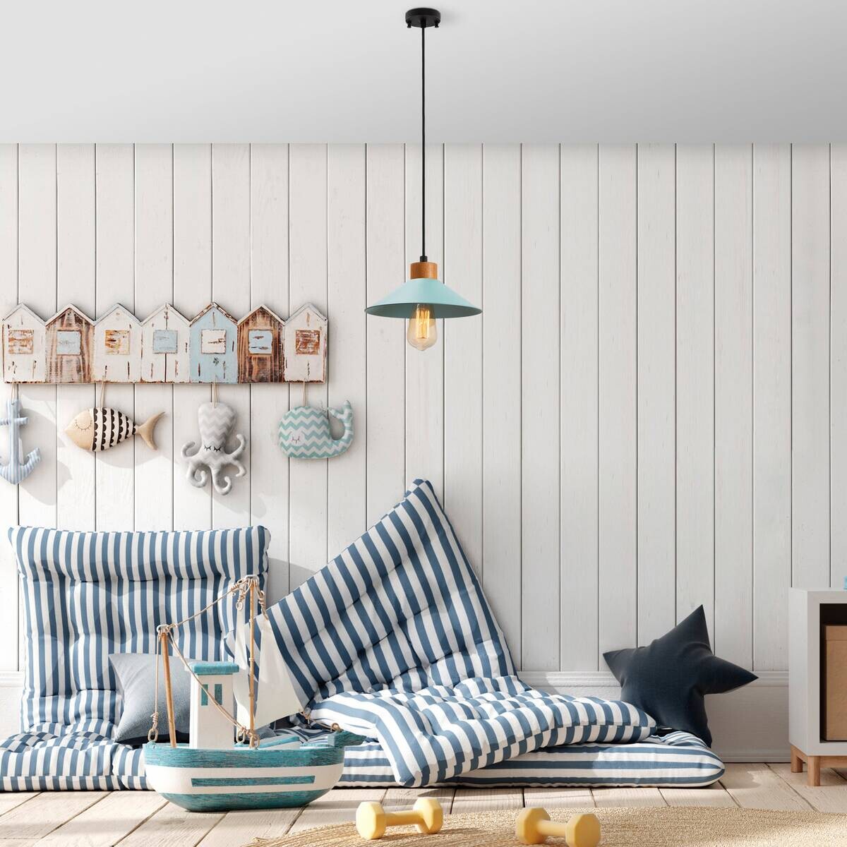 Opviq Pendelleuchte blau Holz B/H/T/L: ca. 103x103x24x103 cm E27 1 Brennstellen