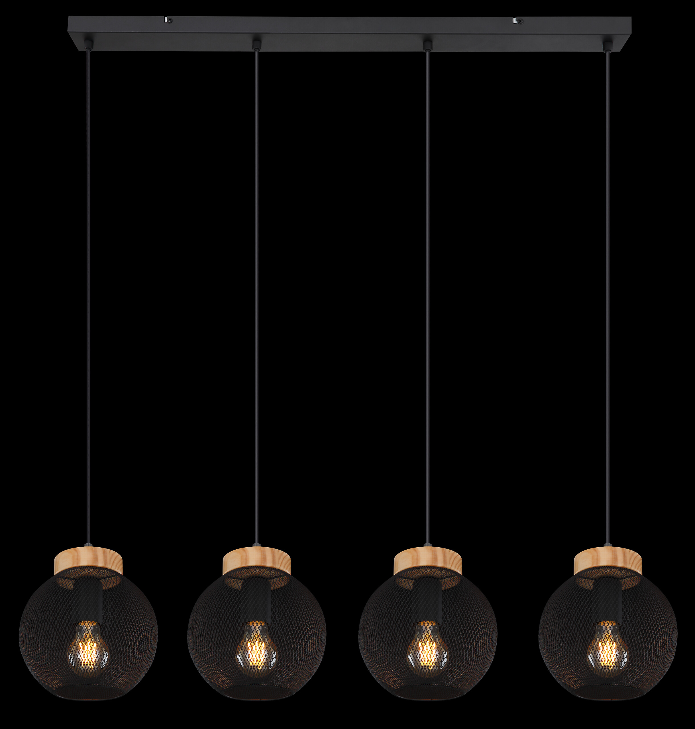 GLOBO Pendelleuchte Pablo mattschwarz natur Metall Holz B/H/T: ca. 95x120x20 cm E27 4 Brennstellen