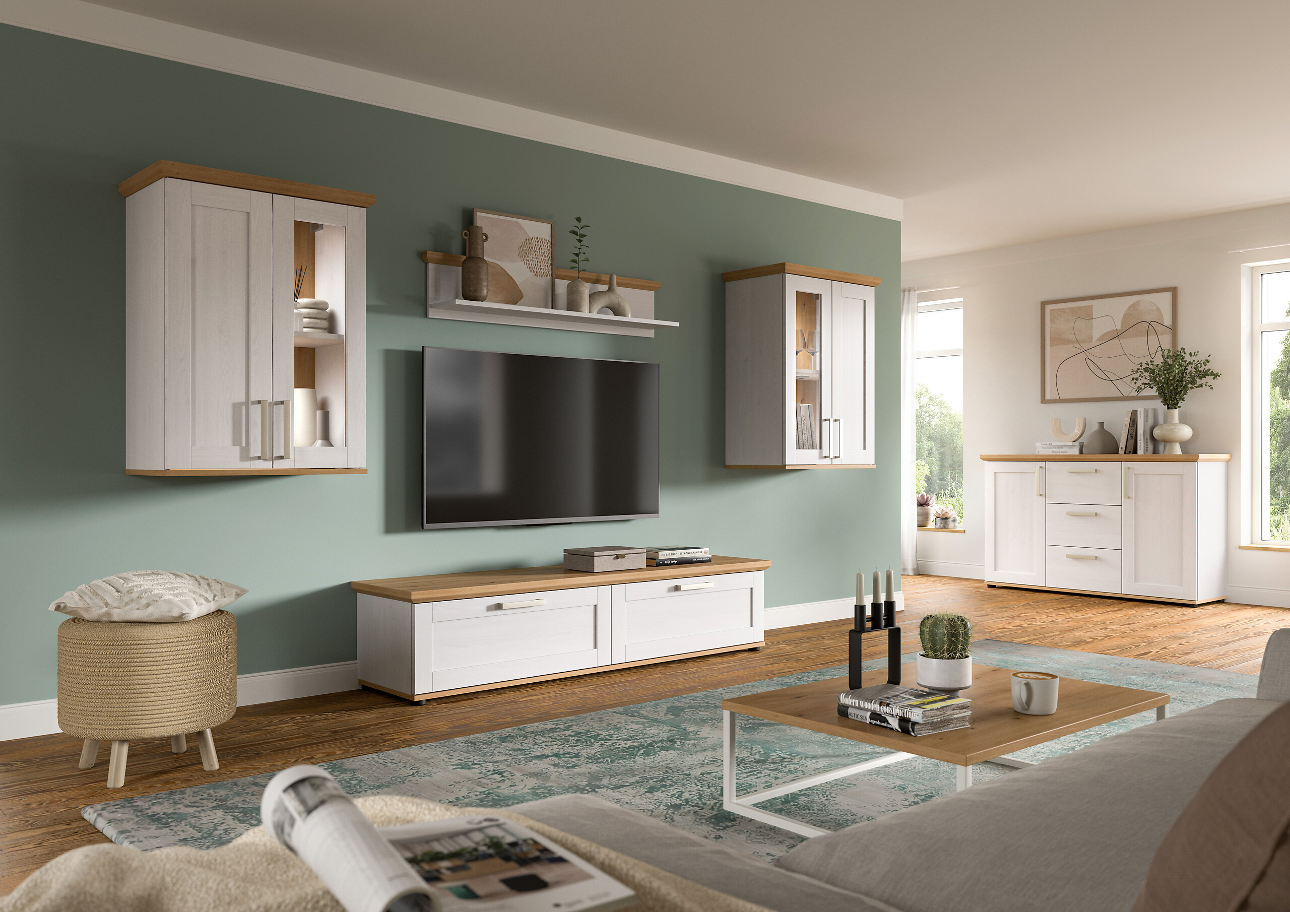 Wohnwand VERONA Lärche Nachbildung Eiche Nachbildung B/H/T: ca. 316x161x40 cm