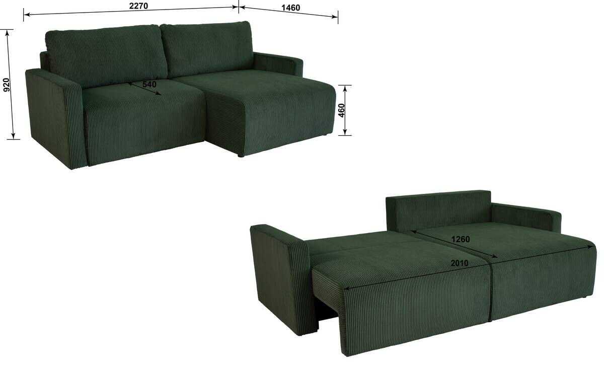Ecksofa mit Bettfunktion und Bettkasten grün Microfaser B/H/T: ca. 227x92x146 cm