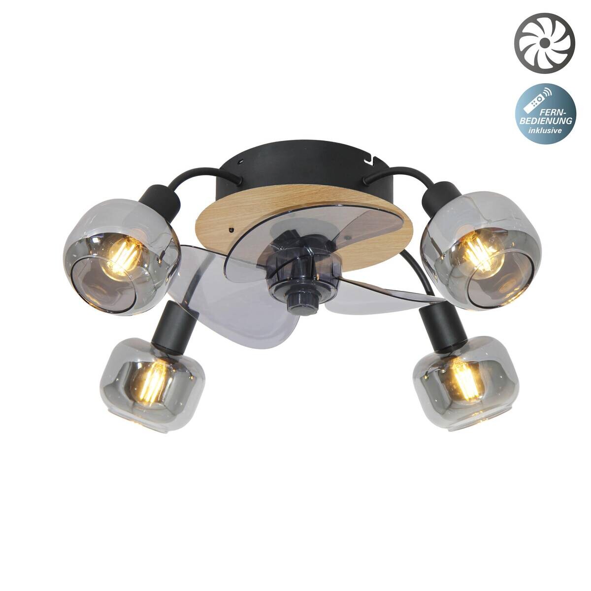 Näve Leuchten Deckenventilator schwarz Metall Glas Kunststoff B/H/T/D: ca. 48x21x48x48 cm E14 4 Brennstellen