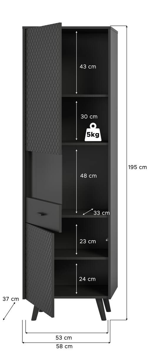 Vitrinenschrank LINEA grau schwarz B/H/T: ca. 58x195x37 cm