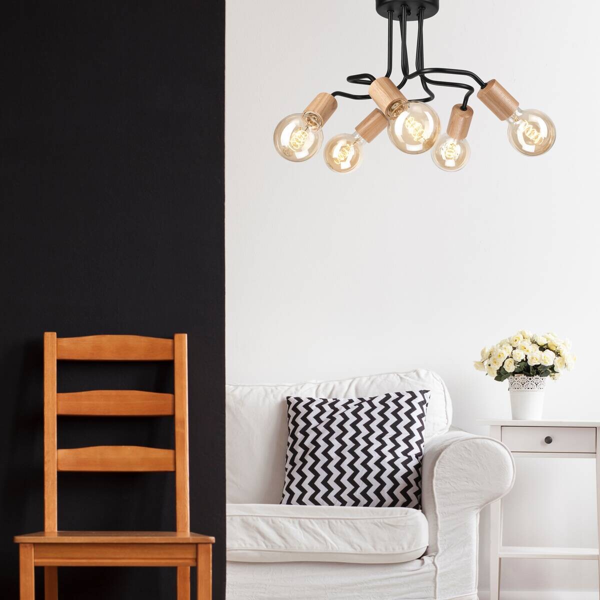 Lamkur Deckenleuchte CONOR 47423 Eiche schwarz Stahl Holz H/L: ca. 26x44 cm E27 5 Brennstellen