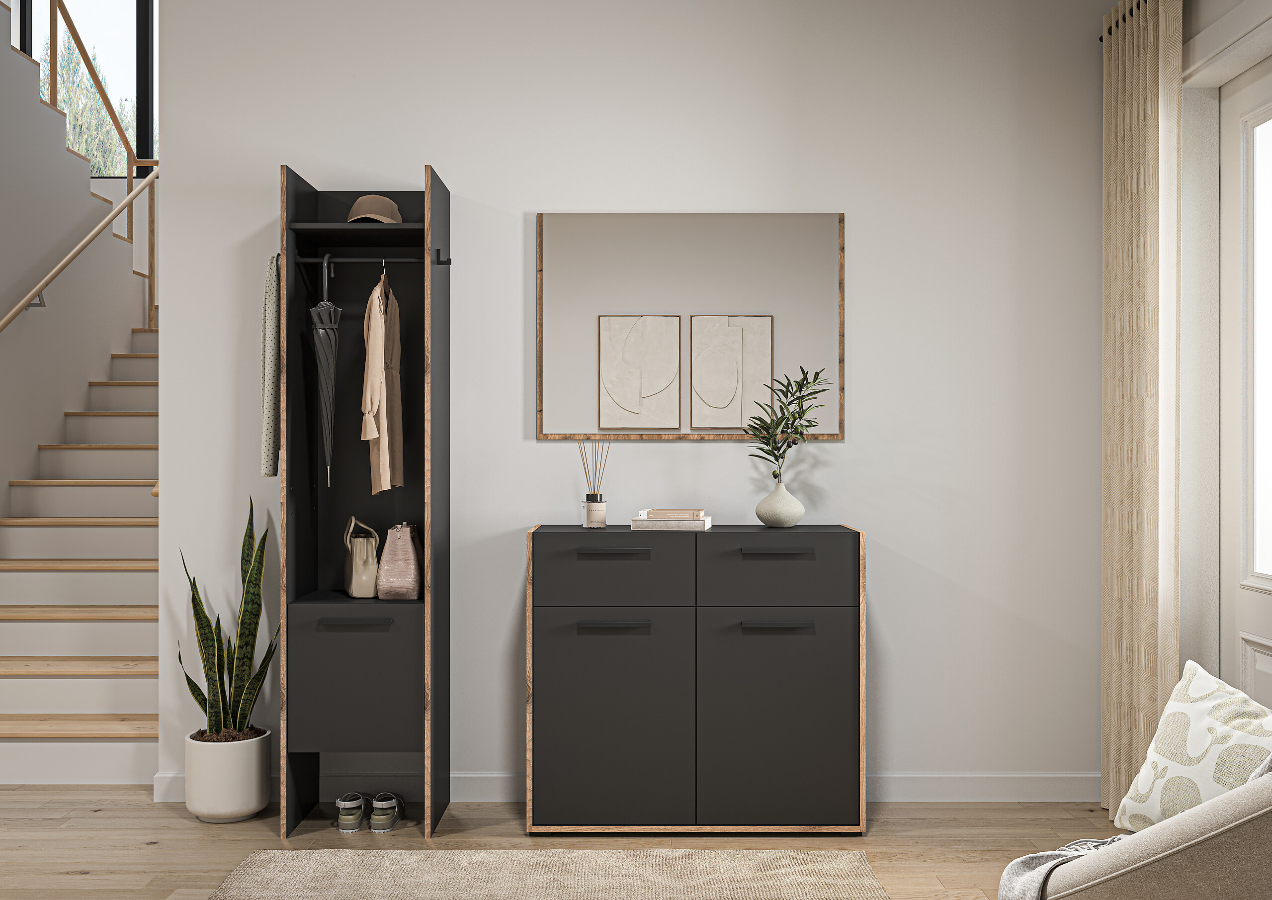 Garderobe Bueno Basalt Nox Oak Nachbildung B/H/T: ca. 152x189x37 cm