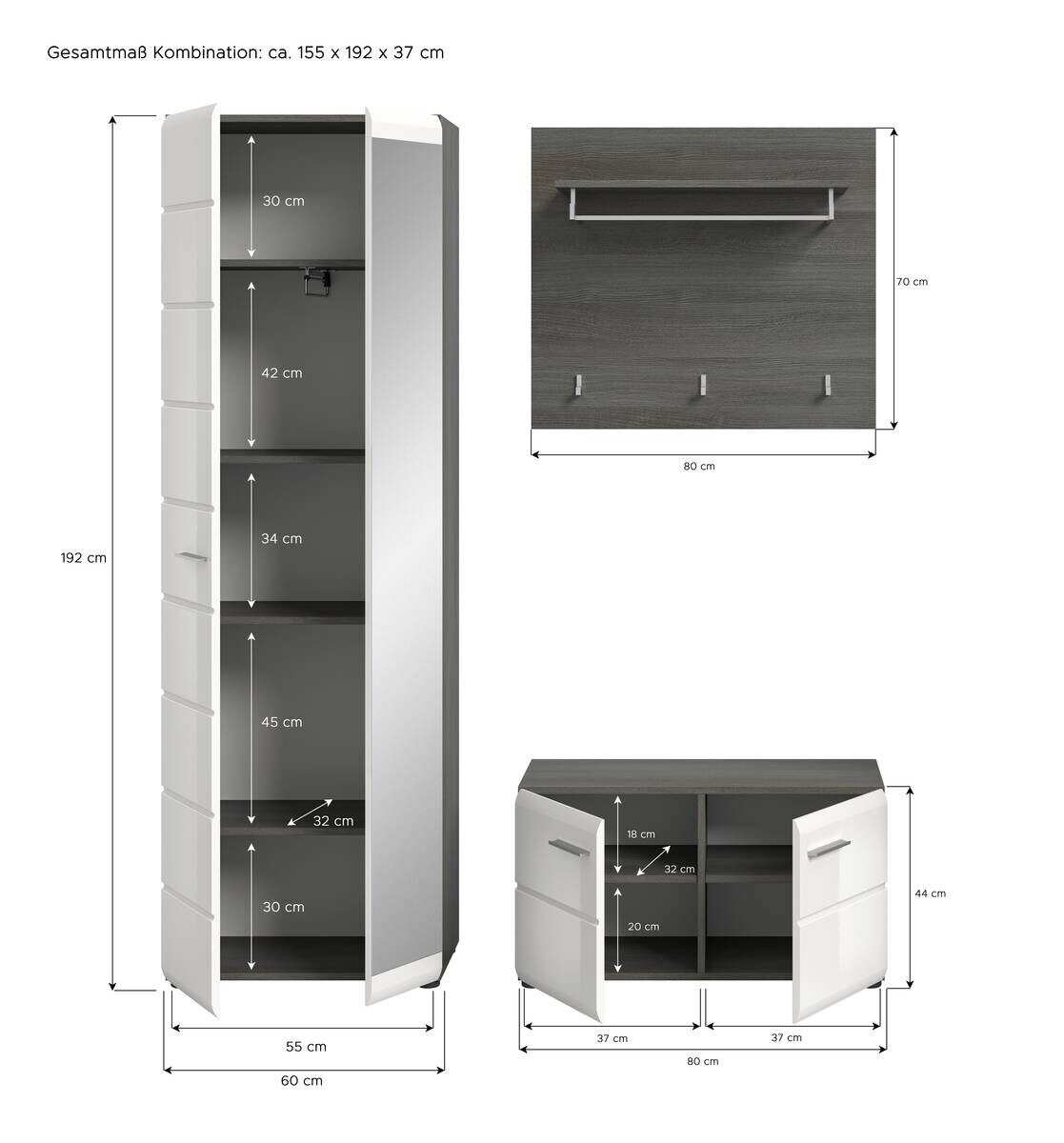 Garderobe SALSA Eiche Rauchsilber Nachbildung weiß Hochglanz B/H/T: ca. 155x192x37 cm