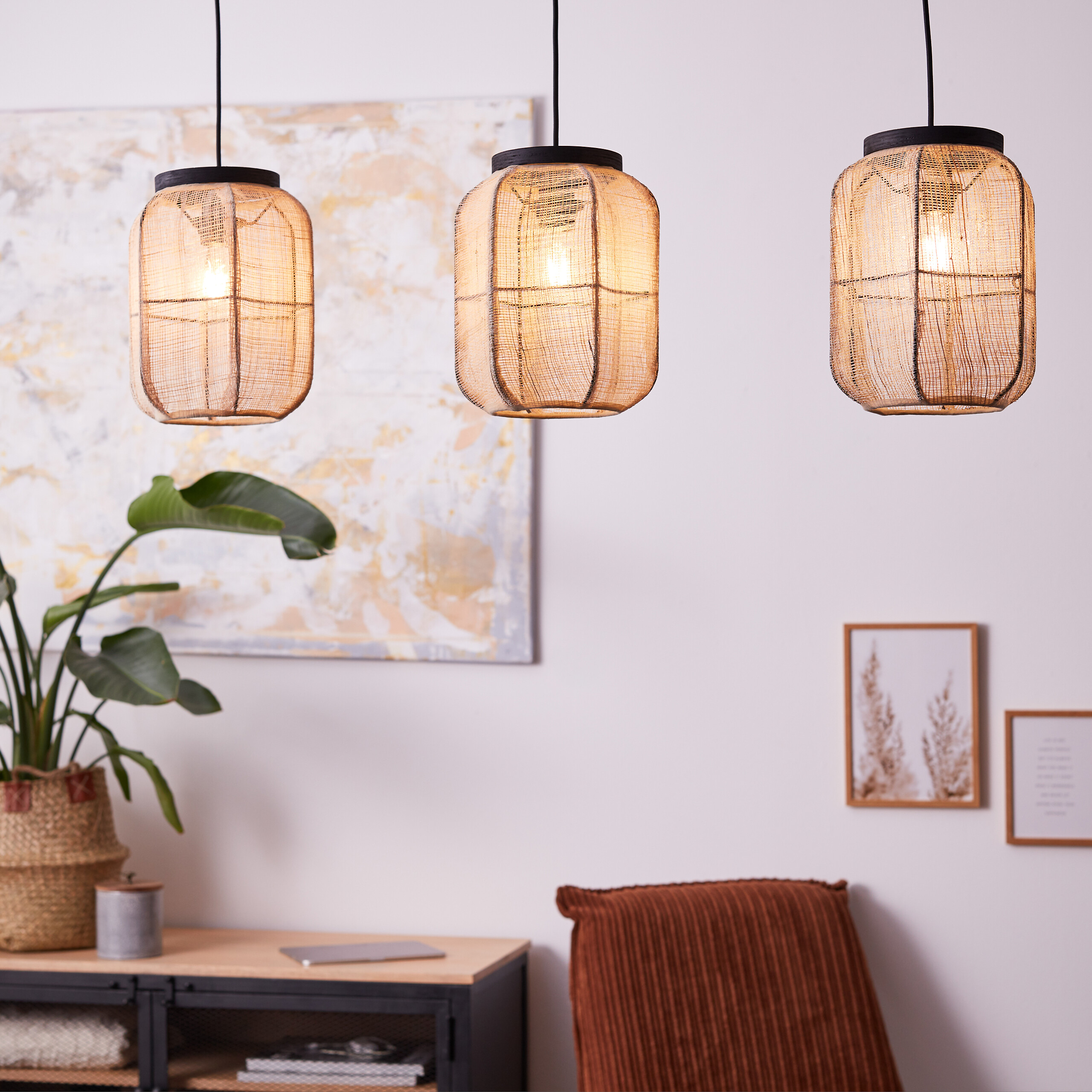 Brilliant Pendelleuchte Tanah 99565/76 schwarz natur Metall Textil B/H/T: ca. 100x123x22 cm E27 3 Brennstellen