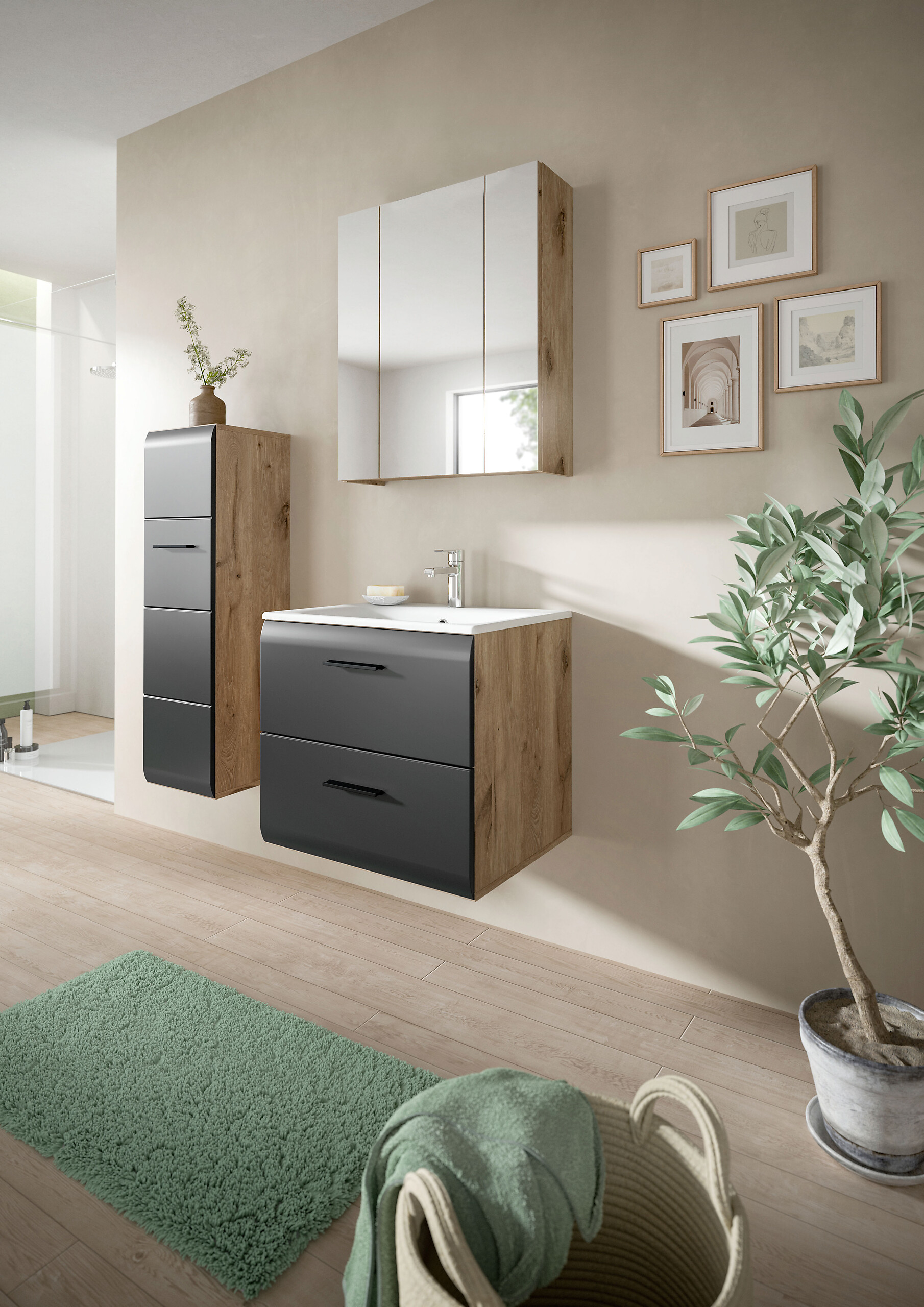 Badezimmer-Set Ice Nox Oak Nachbildung schwarz matt B/H/T: ca. 105x185x46 cm