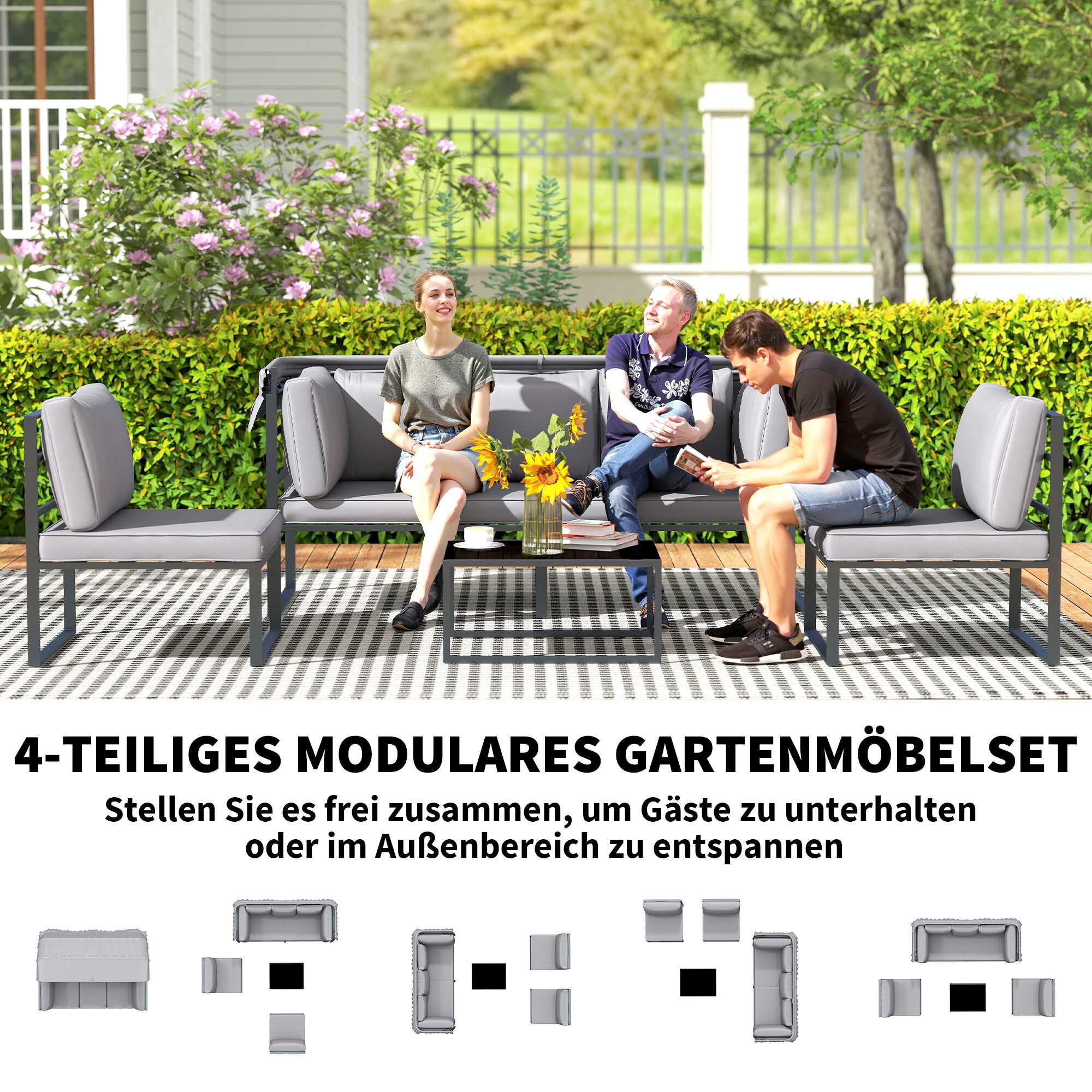 Outsunny Gartenmöbel-Set grau Stahl B/H/L: ca. 63x142x180 cm