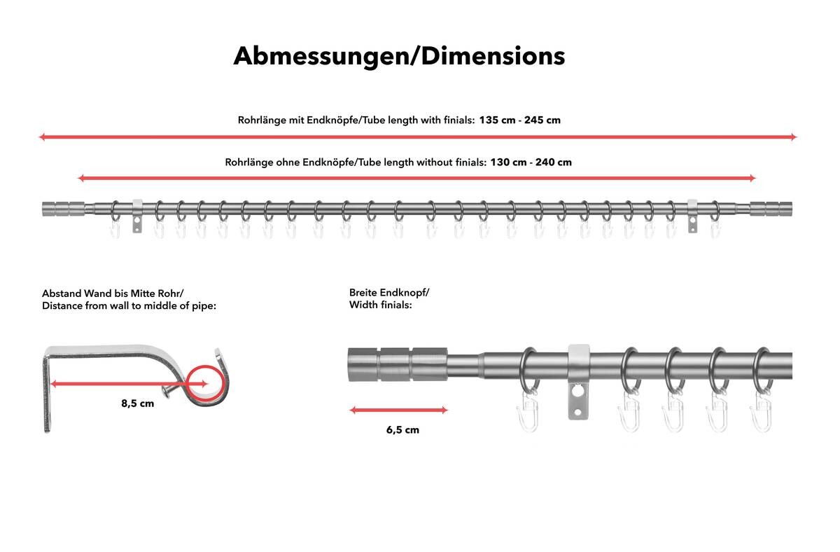 LICHTBLICK Gardinenstange Zylinder Edelstahloptik Metall D: ca. 2 cm ausziehbar von ca. 130 bis 240 cm 1.0 Läufe