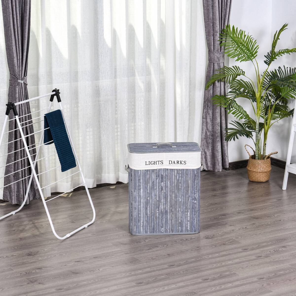 HOMCOM Wäschekorb mit 2 Tragegriffen grau Bambus Kunststoff B/H/L: ca. 32x63x52 cm