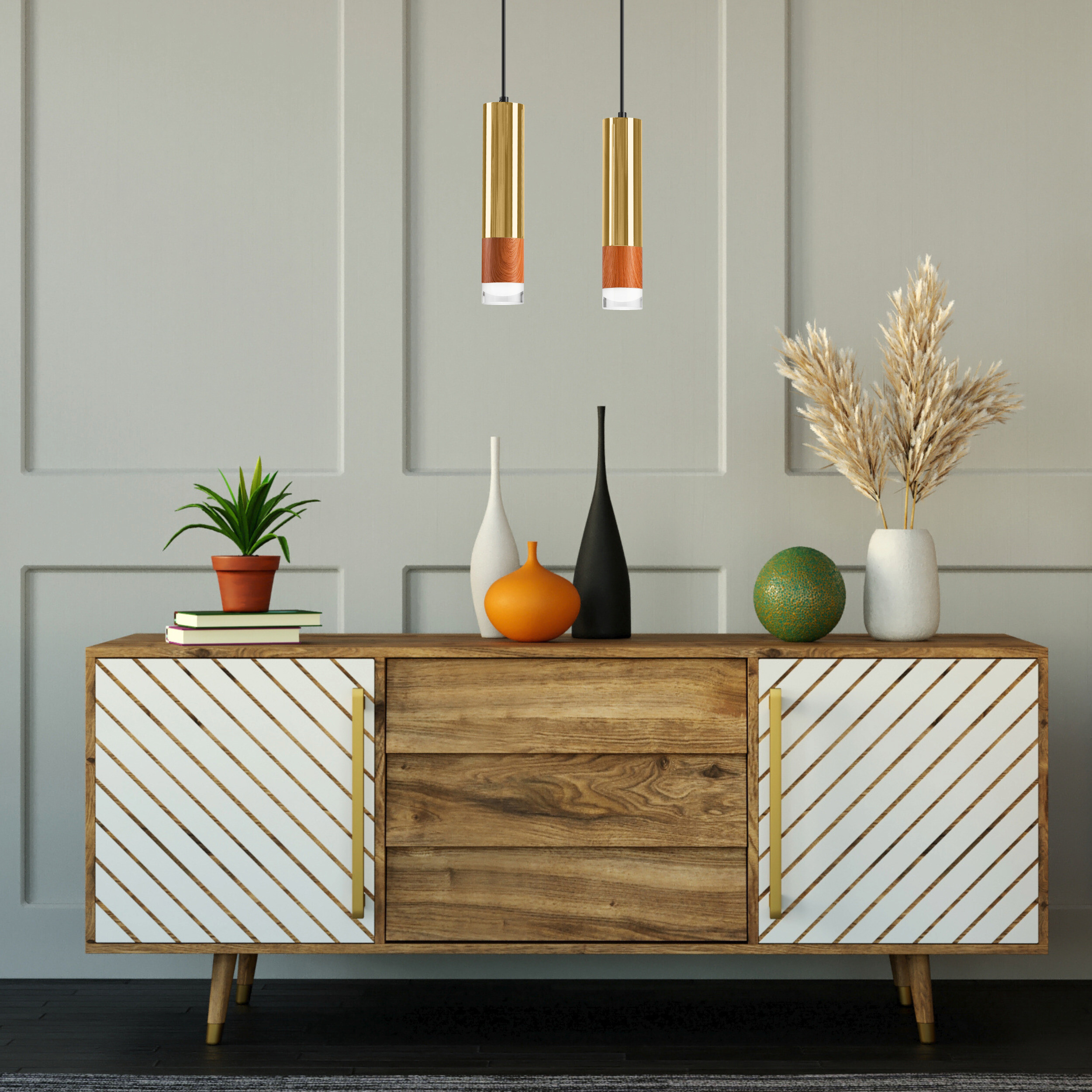 Lamkur Pendelleuchte gold Glas Stahl B/H/L: ca. 8x105x30 cm GU10 2 Brennstellen