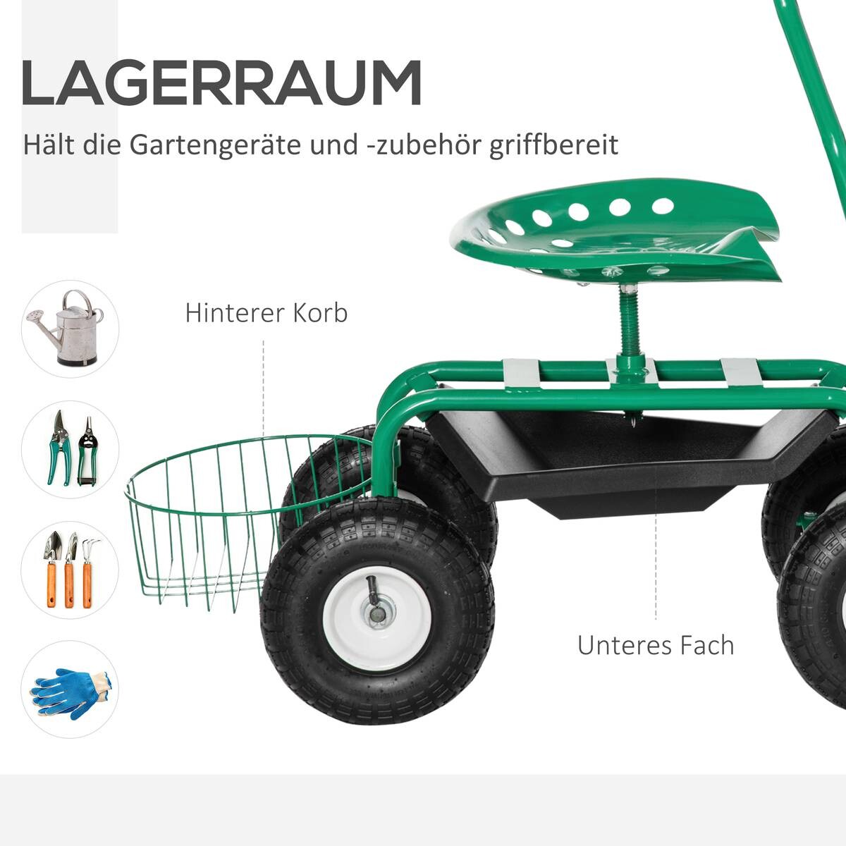 Outsunny Fahrbarer Gartensitz grün Gummi B/H/L: ca. 44,5x59x81 cm