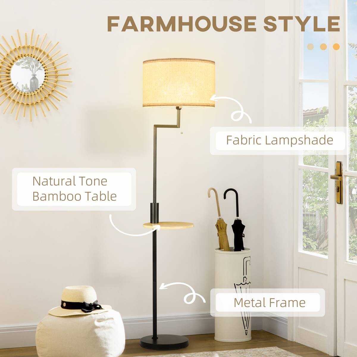 HOMCOM Stehleuchte cremeweiß Stahl Bambus Polyester B/H/T: ca. 40x168x40 cm