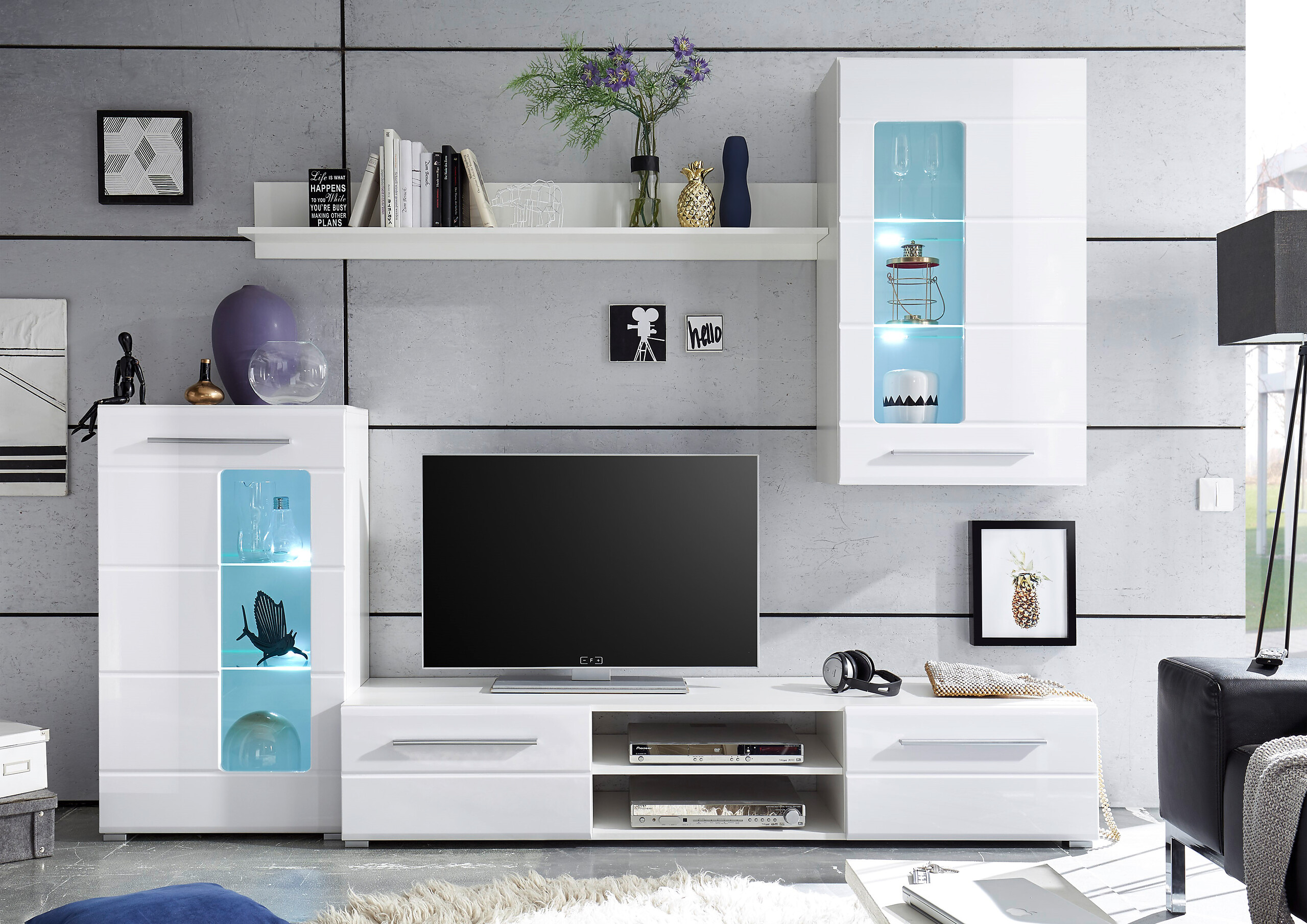 Wohnwand Enrique weiß Hochglanz B/H/T: ca. 240x190x42 cm