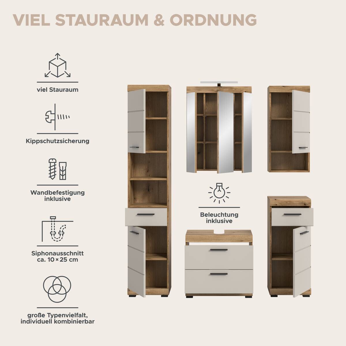 Badezimmer-Set Scout Evoke Oak Nachbildung Kaschmirgrau Nachbildung B/H/T: ca. 164x191x34 cm