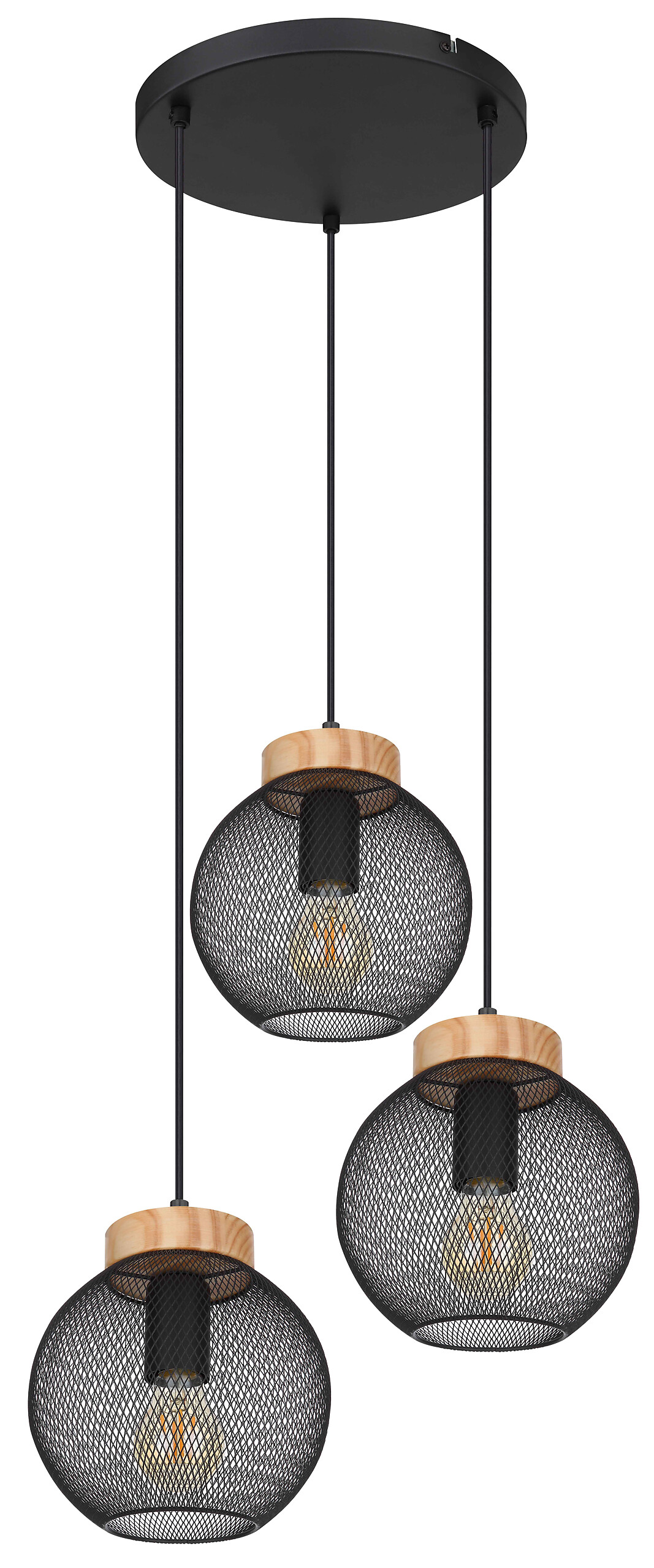 GLOBO Pendelleuchte Pablo schwarz natur Metall Holz H/D: ca. 120x44 cm E27 3 Brennstellen