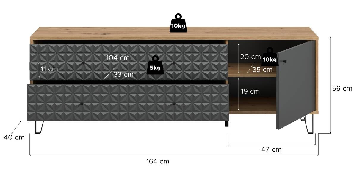 Lowboard PRISMA Artisan Oak Nachbildung anthrazit matt B/H/T: ca. 164x56x40 cm
